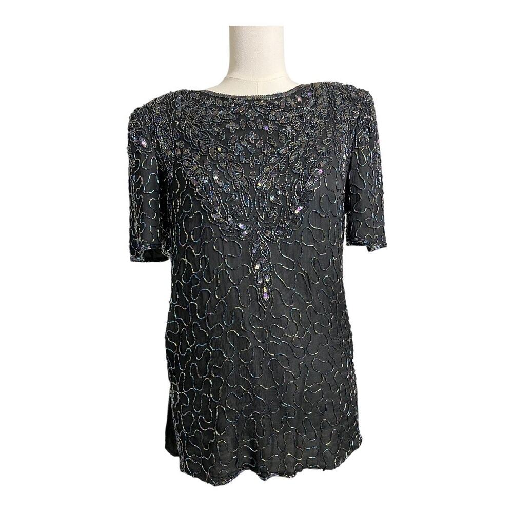 Vintage 80s 90s XS Landmark Beaded Silk Shirt Top Blouse Party Cocktail Formal